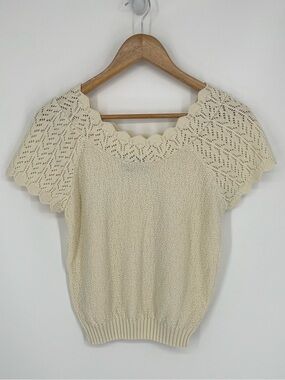 Adele Knitwear Cream Short Sleeve Crochet Lace Knit Sweater Women's Size Small